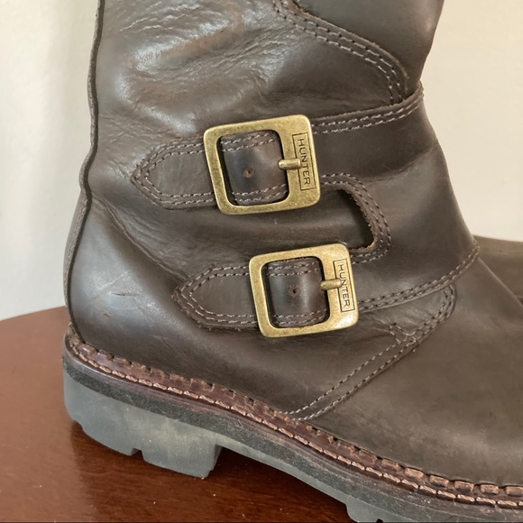 Hunter Alina Leather Biker Boots Brown 6 - Picture 2 of 7